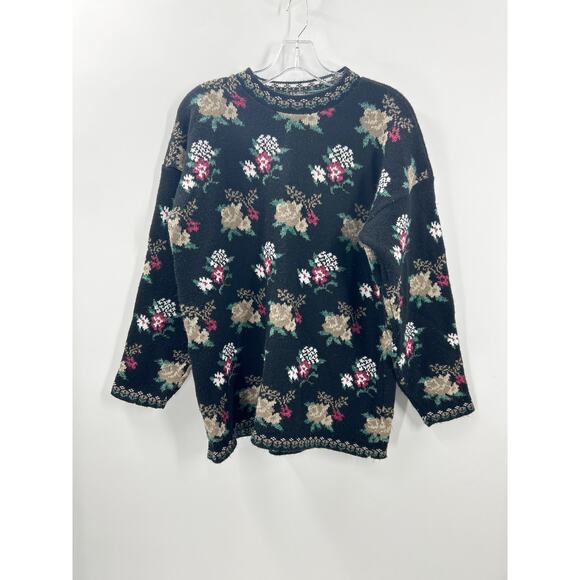 Vintage 90s Sweater Private Eyes Floral Grannycore M Made In USA - Picture 1 of 5